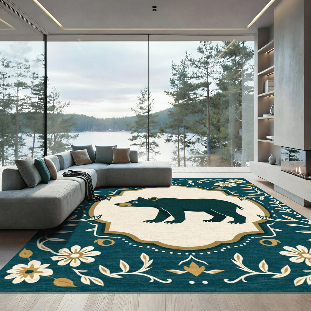 Dark Teal Bear Floral Folk Art Rug