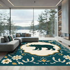 Dark Teal Bear Floral Folk Art Rug