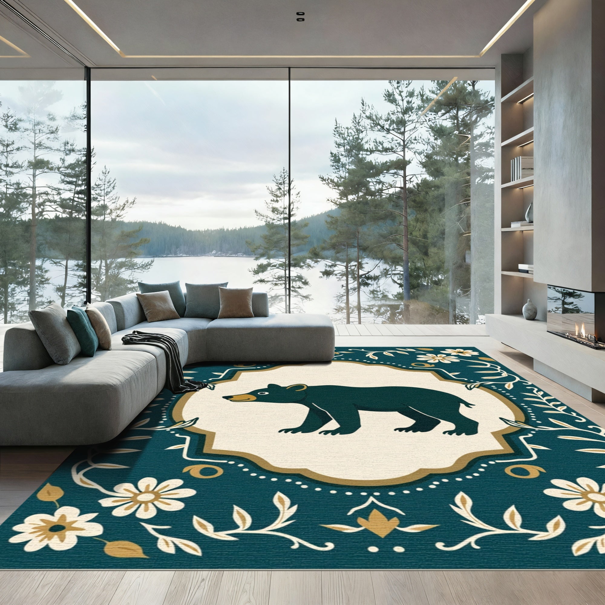 Dark Teal Bear Floral Folk Art Rug
