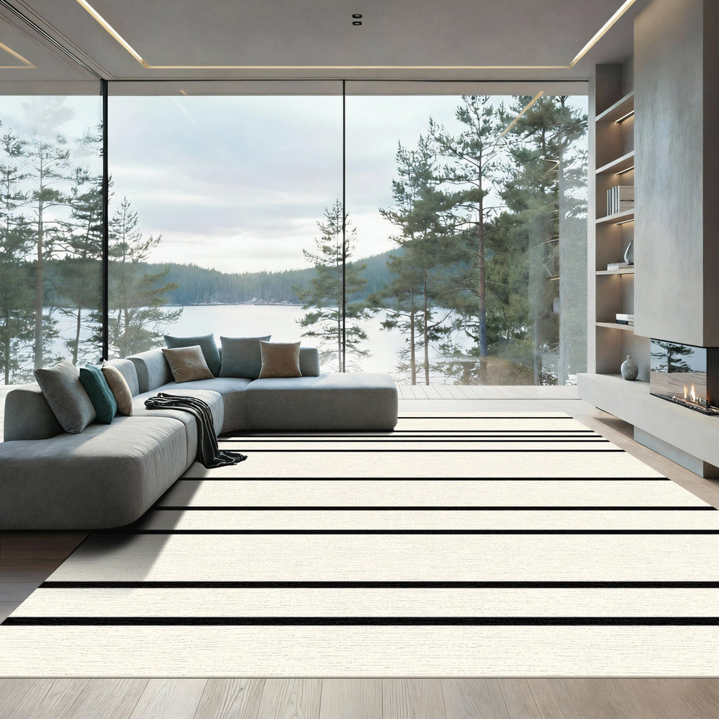 Simple Black Striped Cream Rug