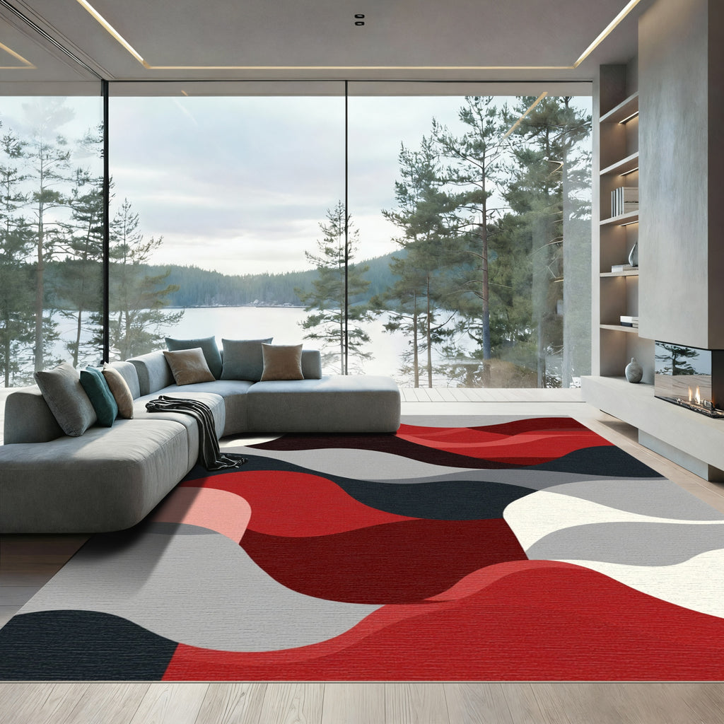 Crimson Black Gray Cream Abstract Waves Rug
