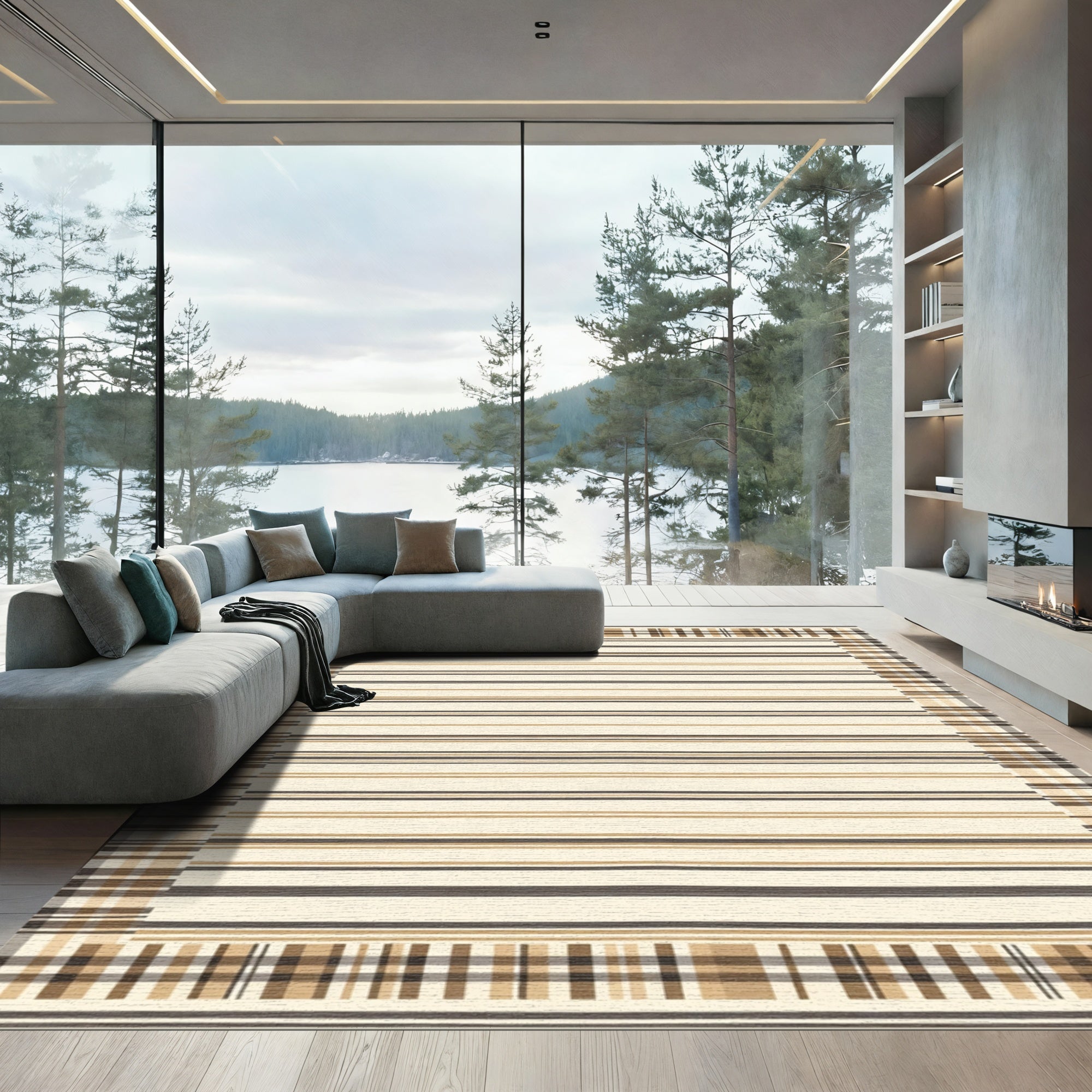 Tartan Stripe Border Cream Rug