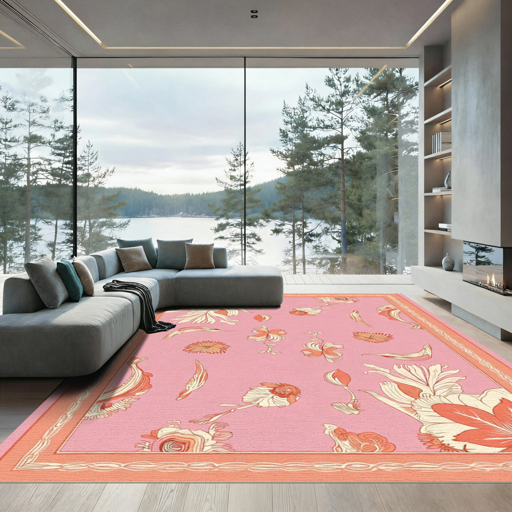 Coral Pink Floral Botanical Garden Rug