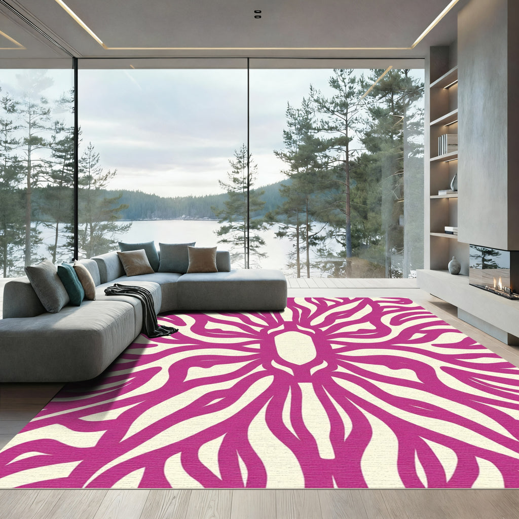 Fuchsia And Cream Swirling Lines Art Rug