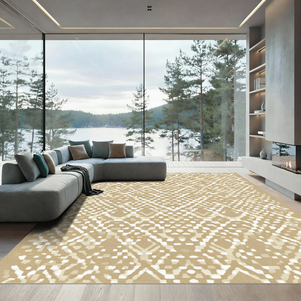 Gold and White Geometric Diamond Medallion Rug