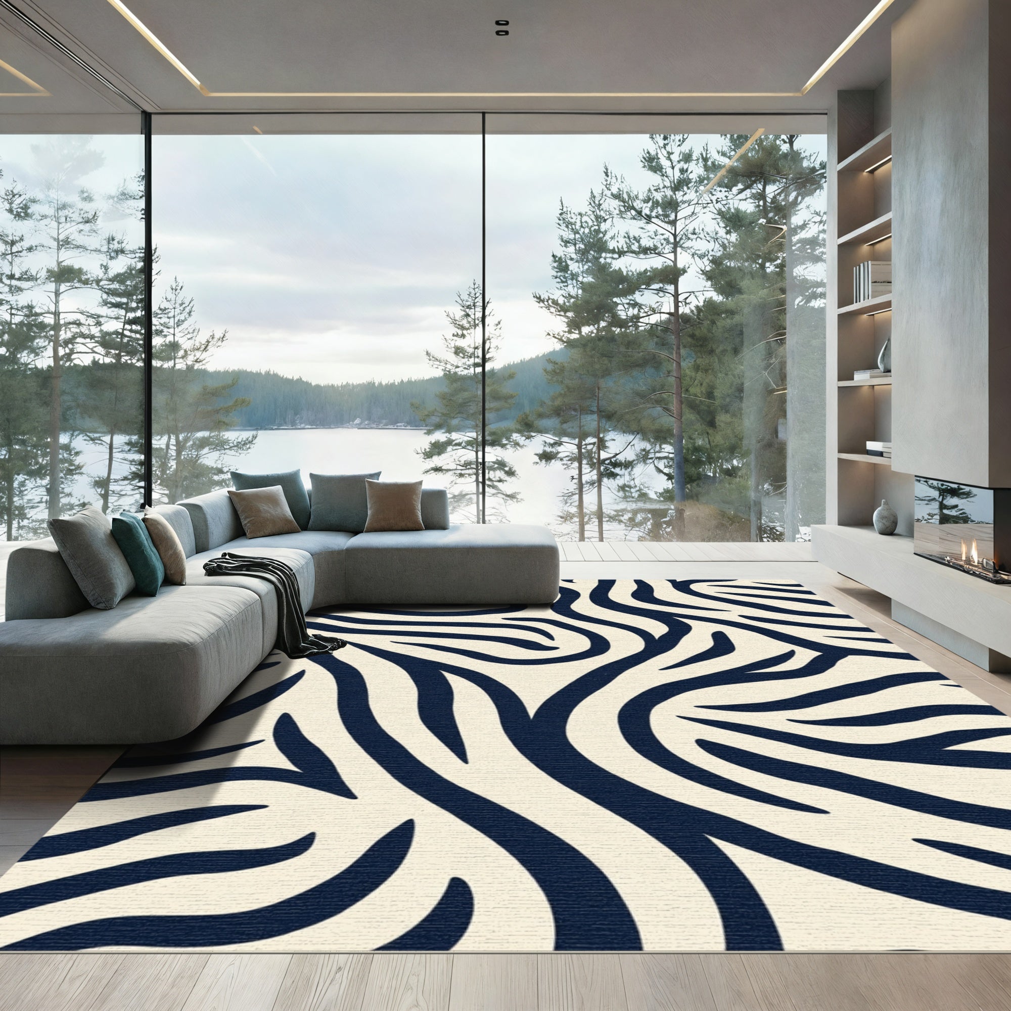 Navy Tan Animal Print Lines Rug