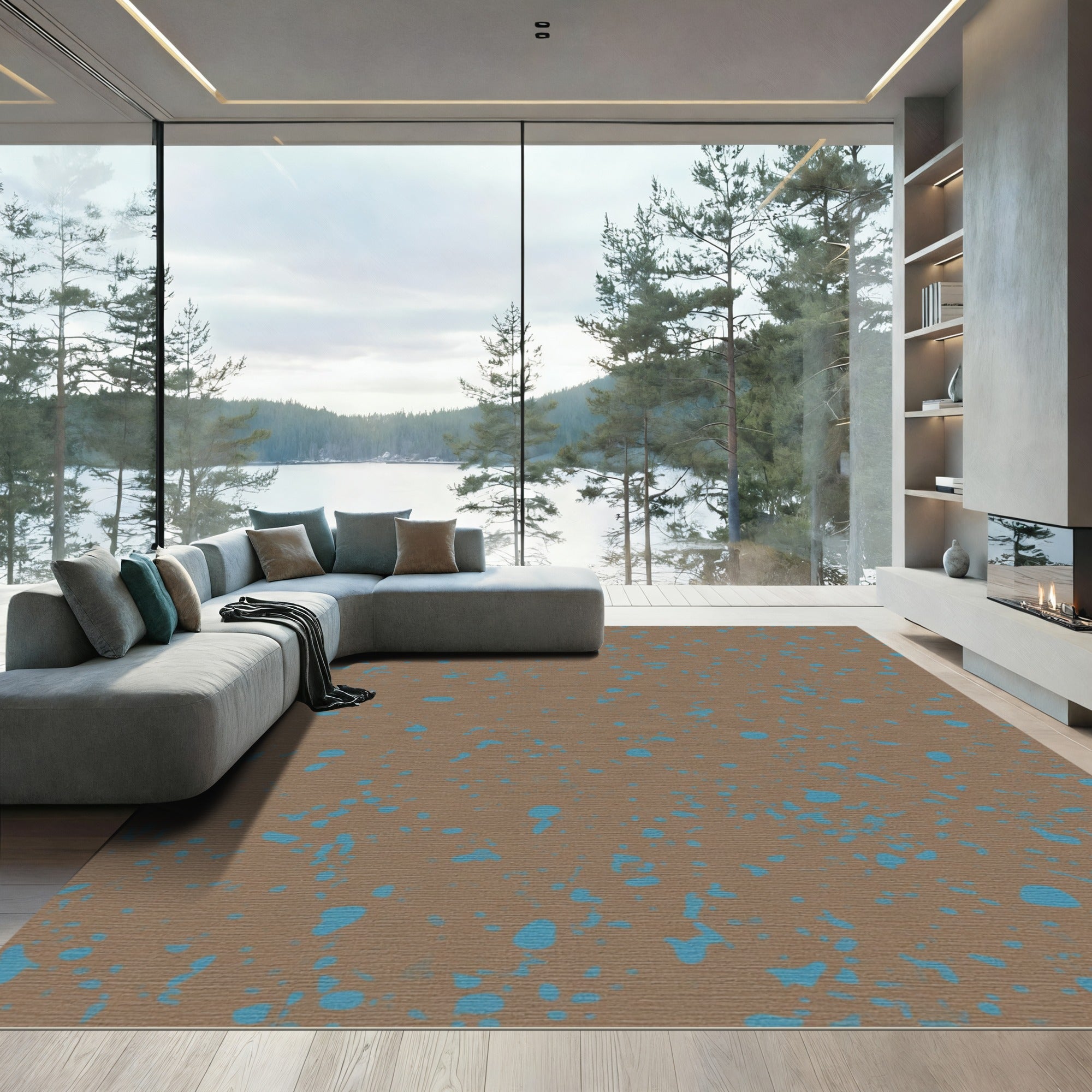 Brown Aqua Splatter Abstract Rug