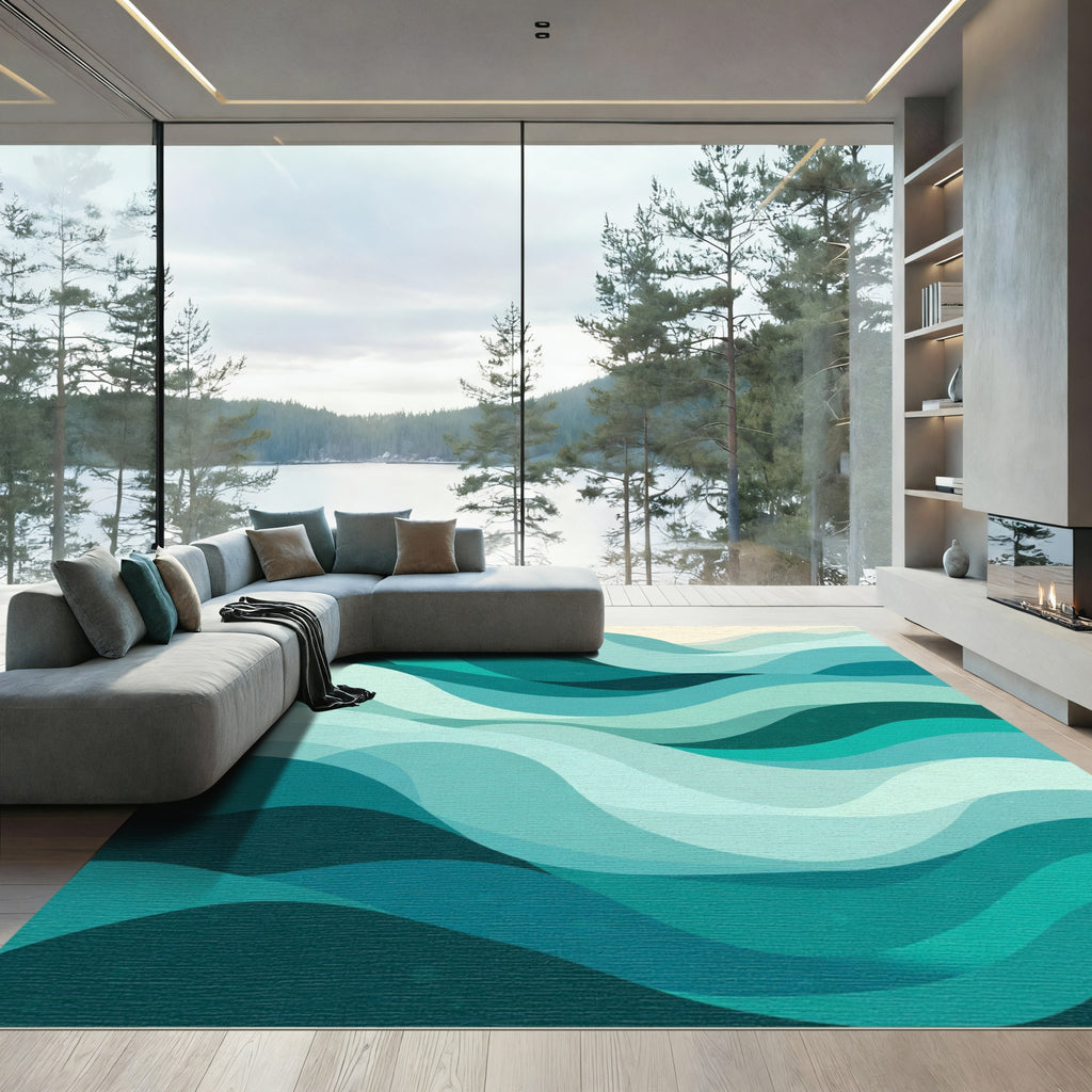 Aqua Blue Abstract Wave Rug