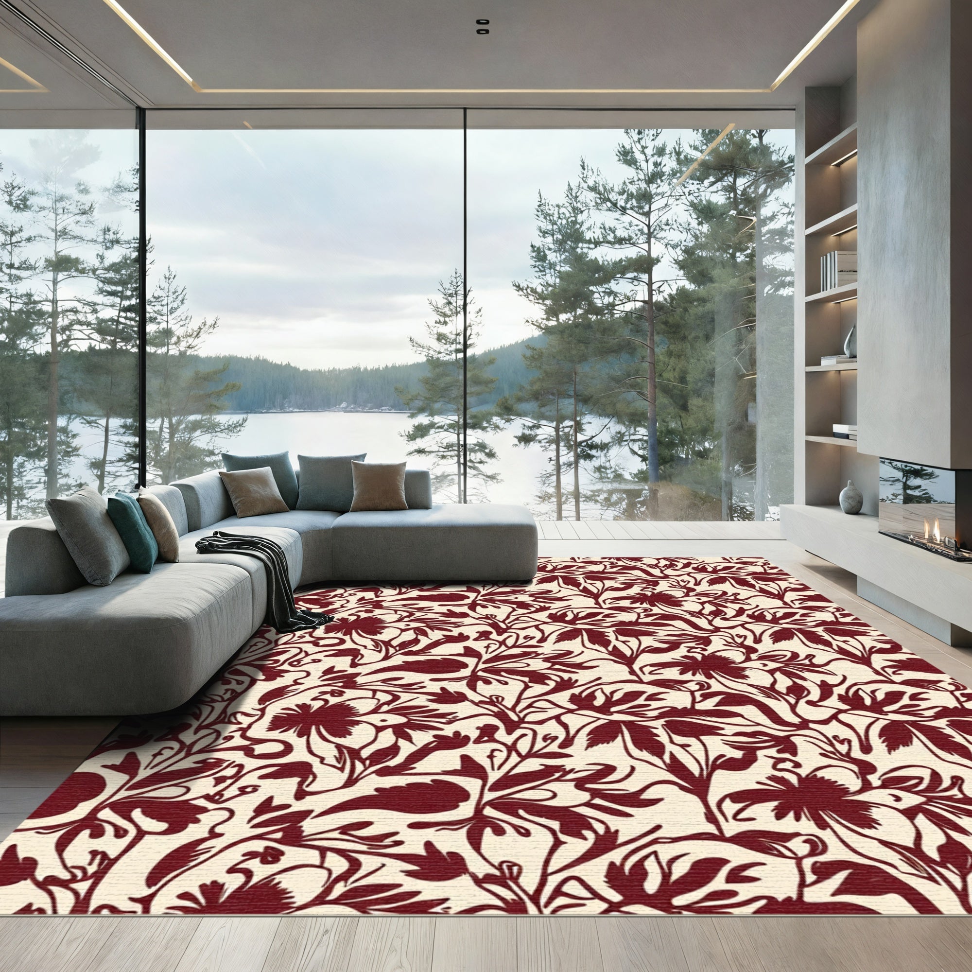Crimson Floral Vine Cream Rug