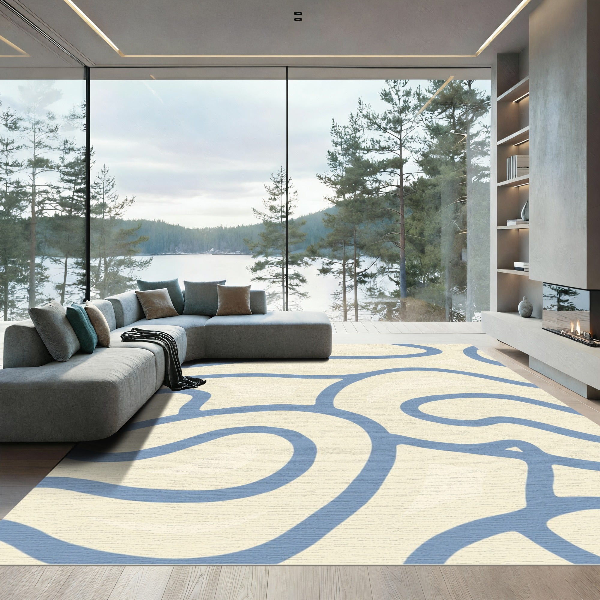 Cream Blue Organic Flowing Lines Rug