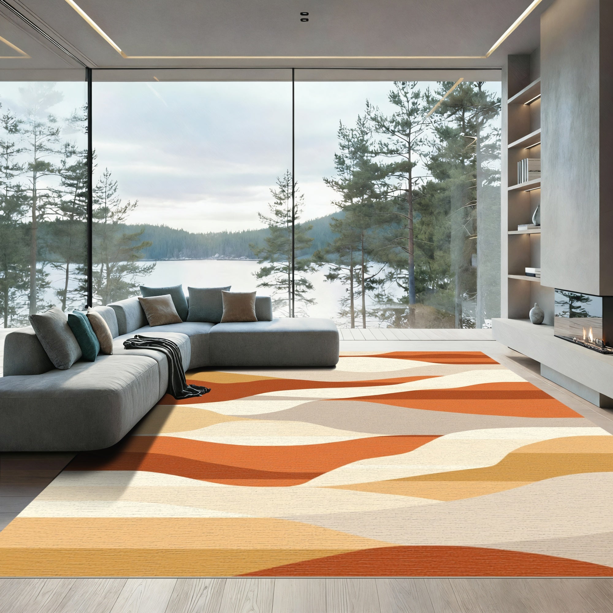 Earthy Terracotta Abstract Wave Rug - Washable Flatwoven Chenille