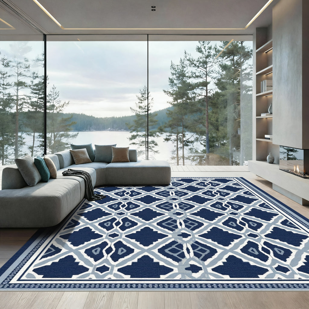 Deep Blue Diamond Lattice Inlay Rug