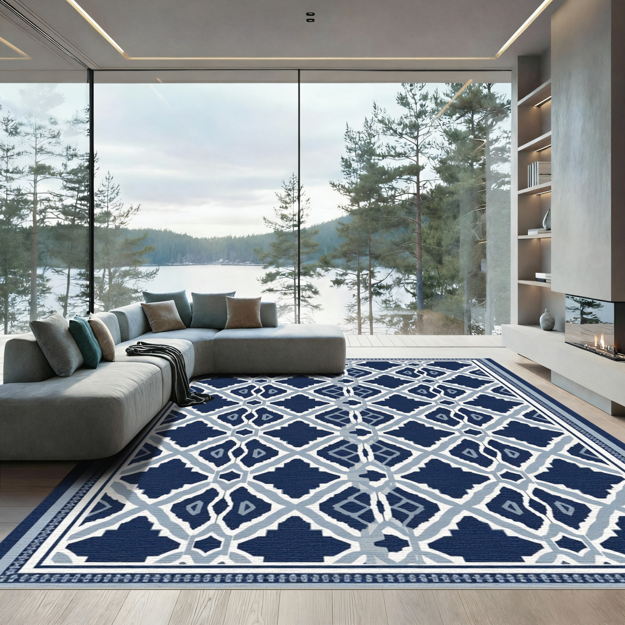 Deep Blue Diamond Lattice Inlay Rug