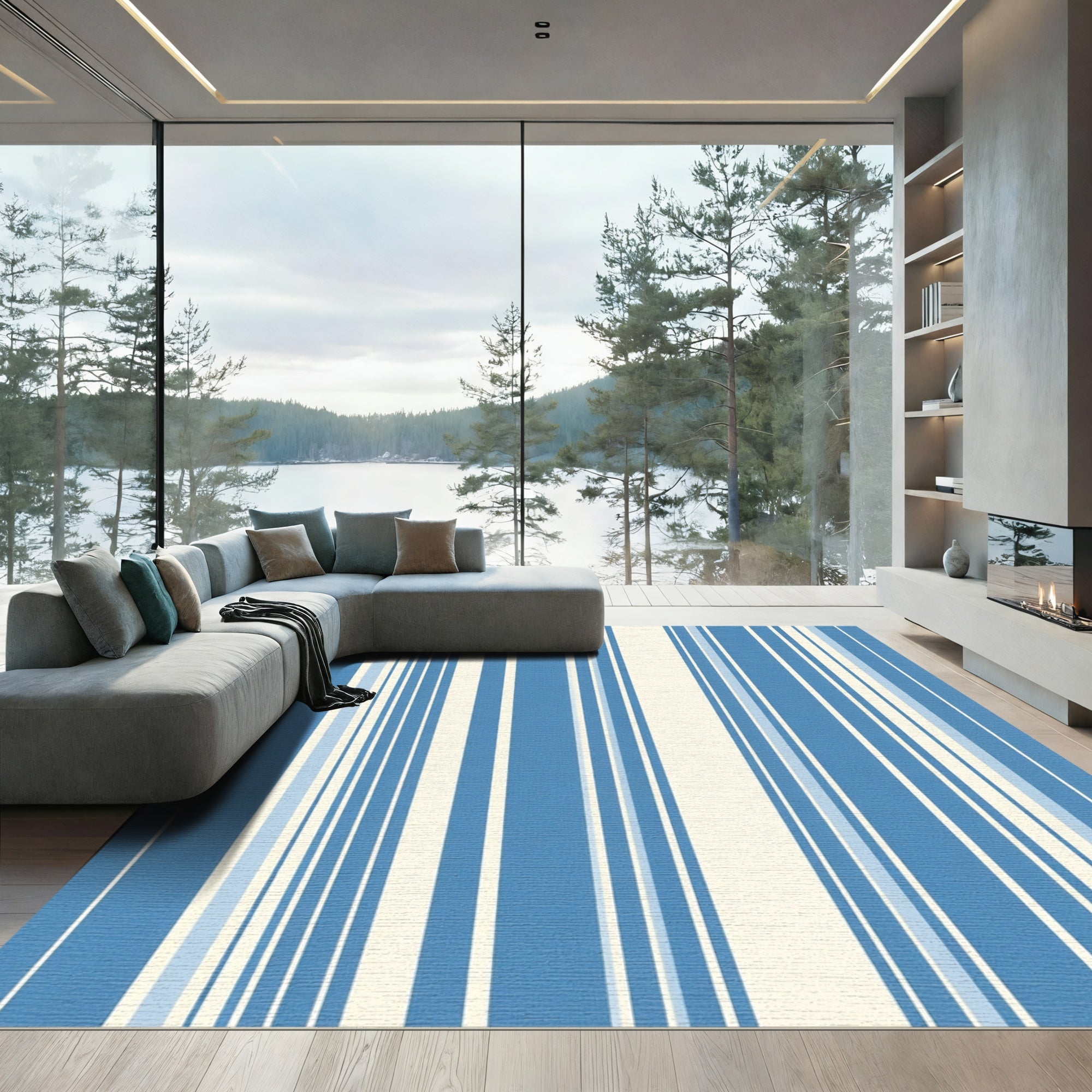 Coastal Blue And Cream Striped Rug