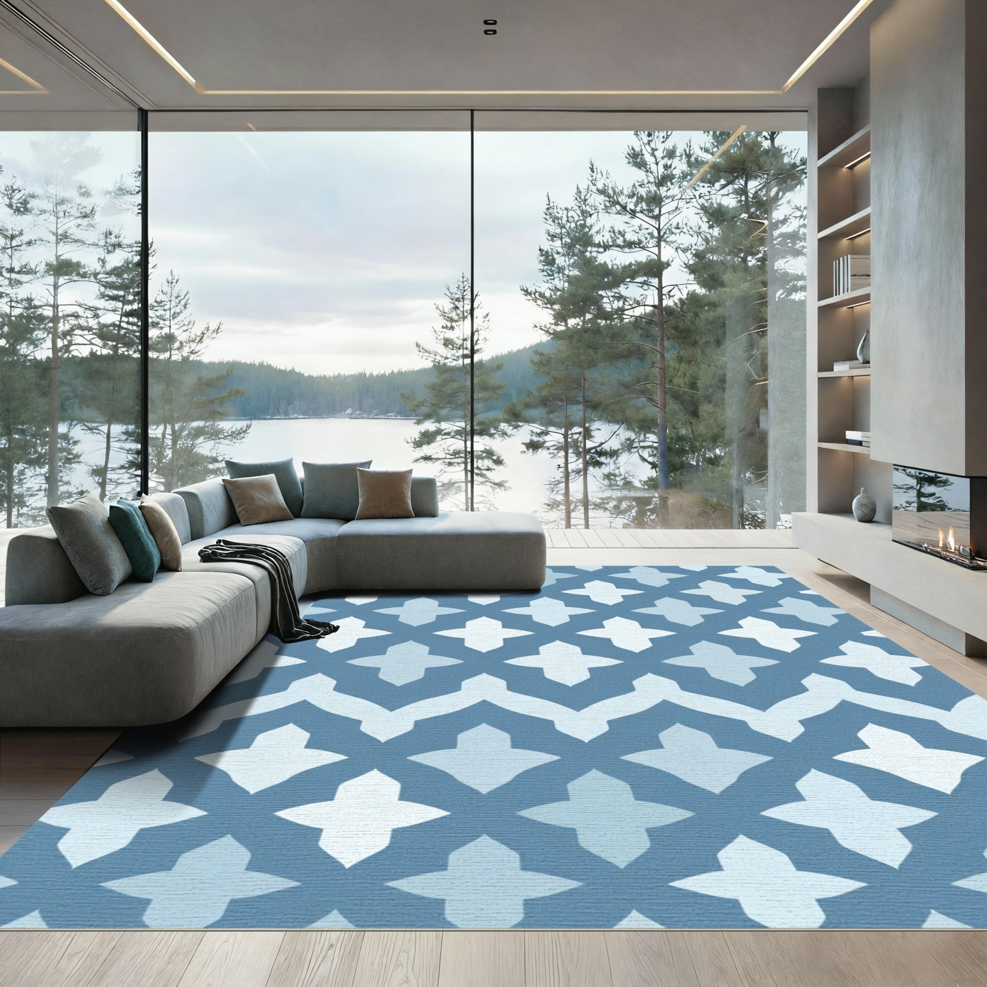 Blue Quatrefoil Chevron Geometric Rug