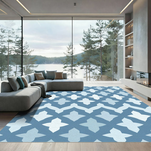 Blue Quatrefoil Chevron Geometric Rug