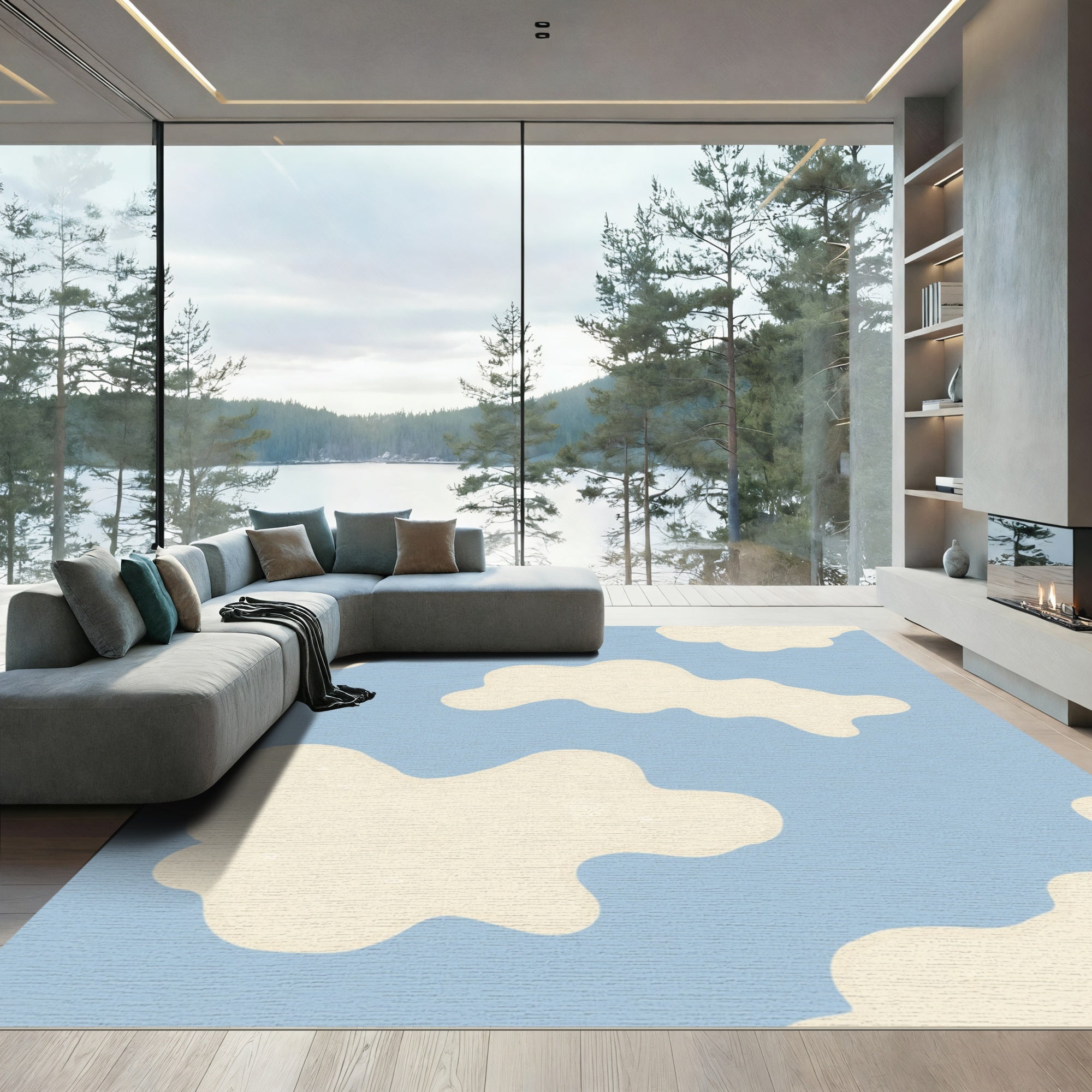 Sky Blue Cream Cloud Splatter Rug