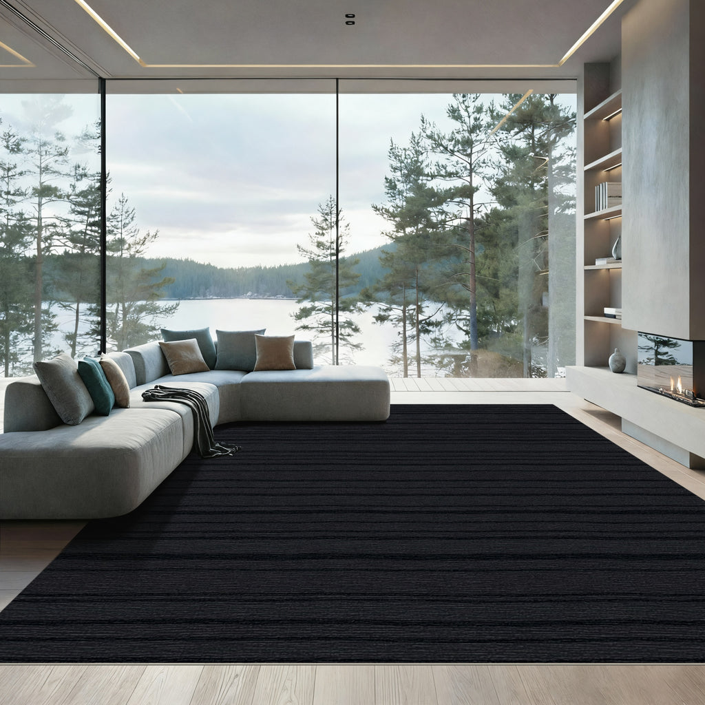 Classic Black Horizontal Wavy Lines Rug