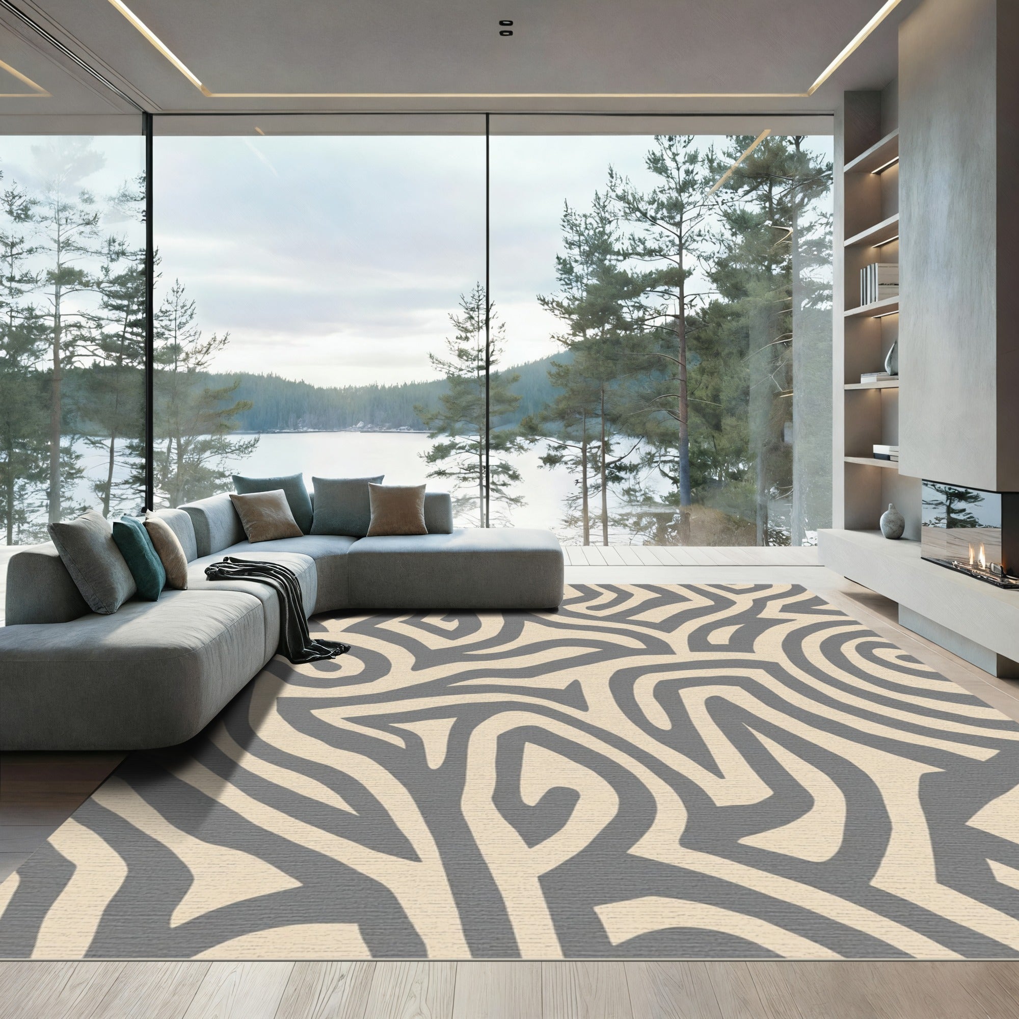 Abstract Beige Grey Maze Lines Rug