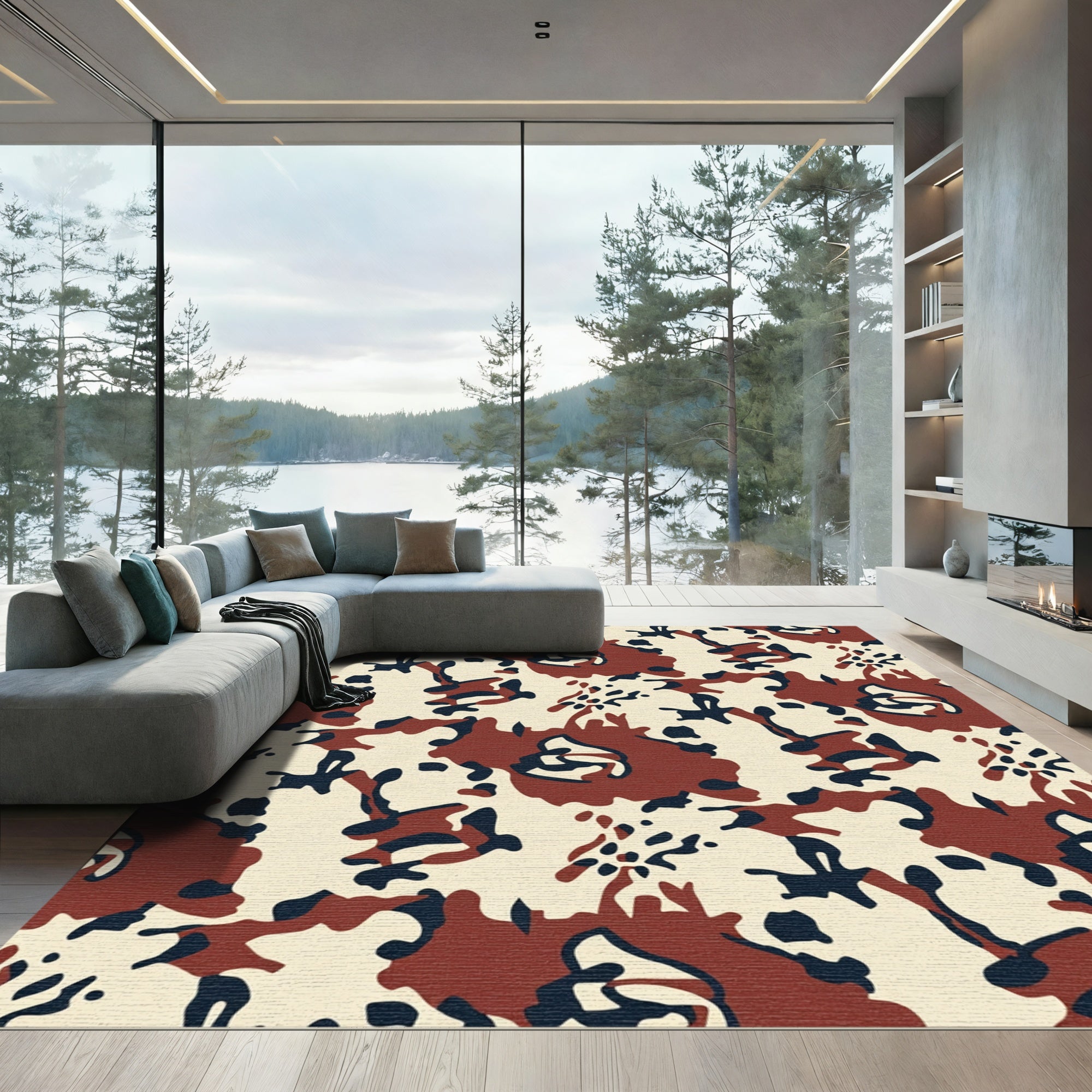 Abstract Camouflage Rust Navy Beige Rug