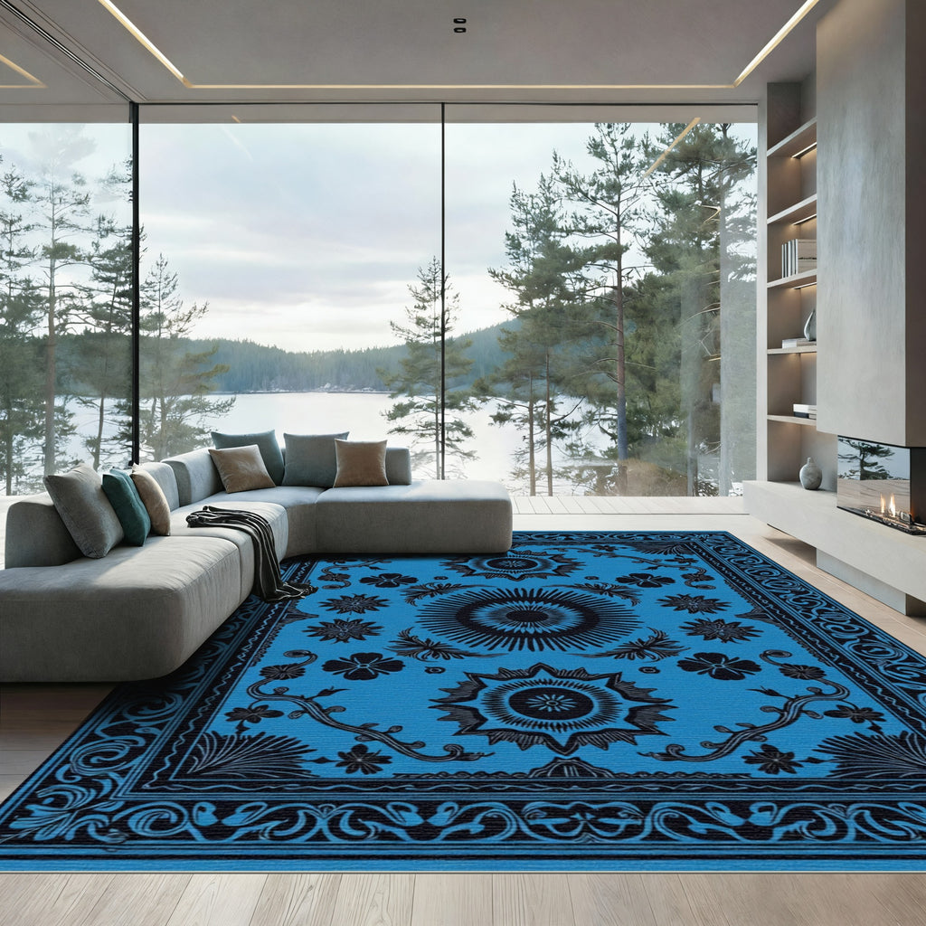 Bright Blue Black Ornamental Round Rug