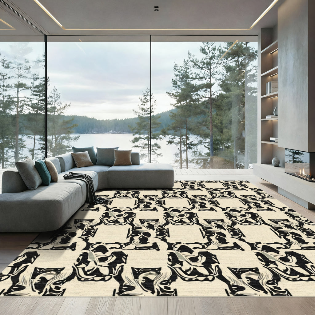 Tapestry Black Cream Abstract Squares Rug