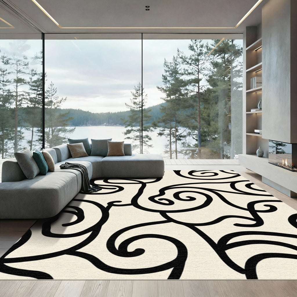 Cream Black Swirl Abstract Continuous Line Rug