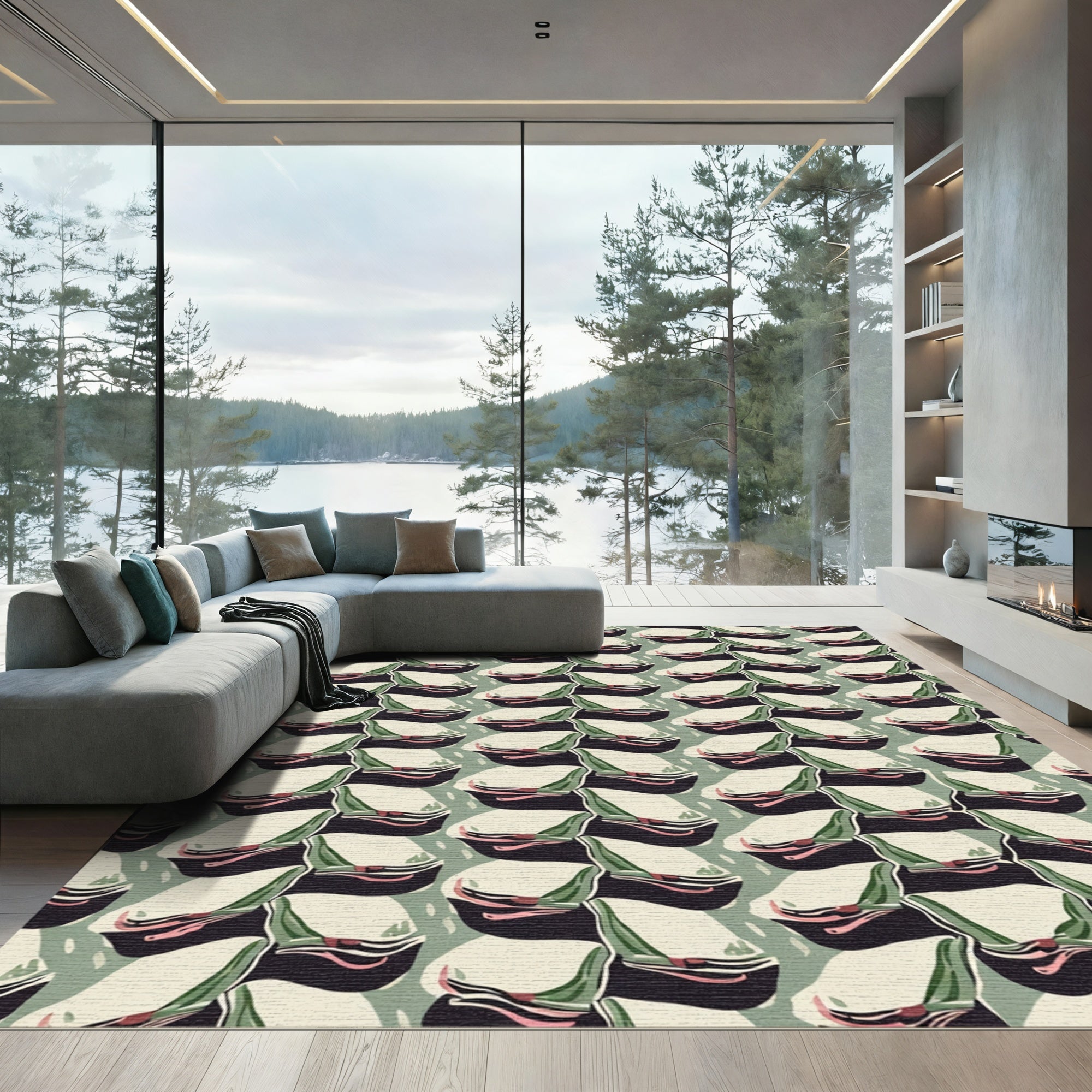Abstract Striped Olive Cream Composition Rug