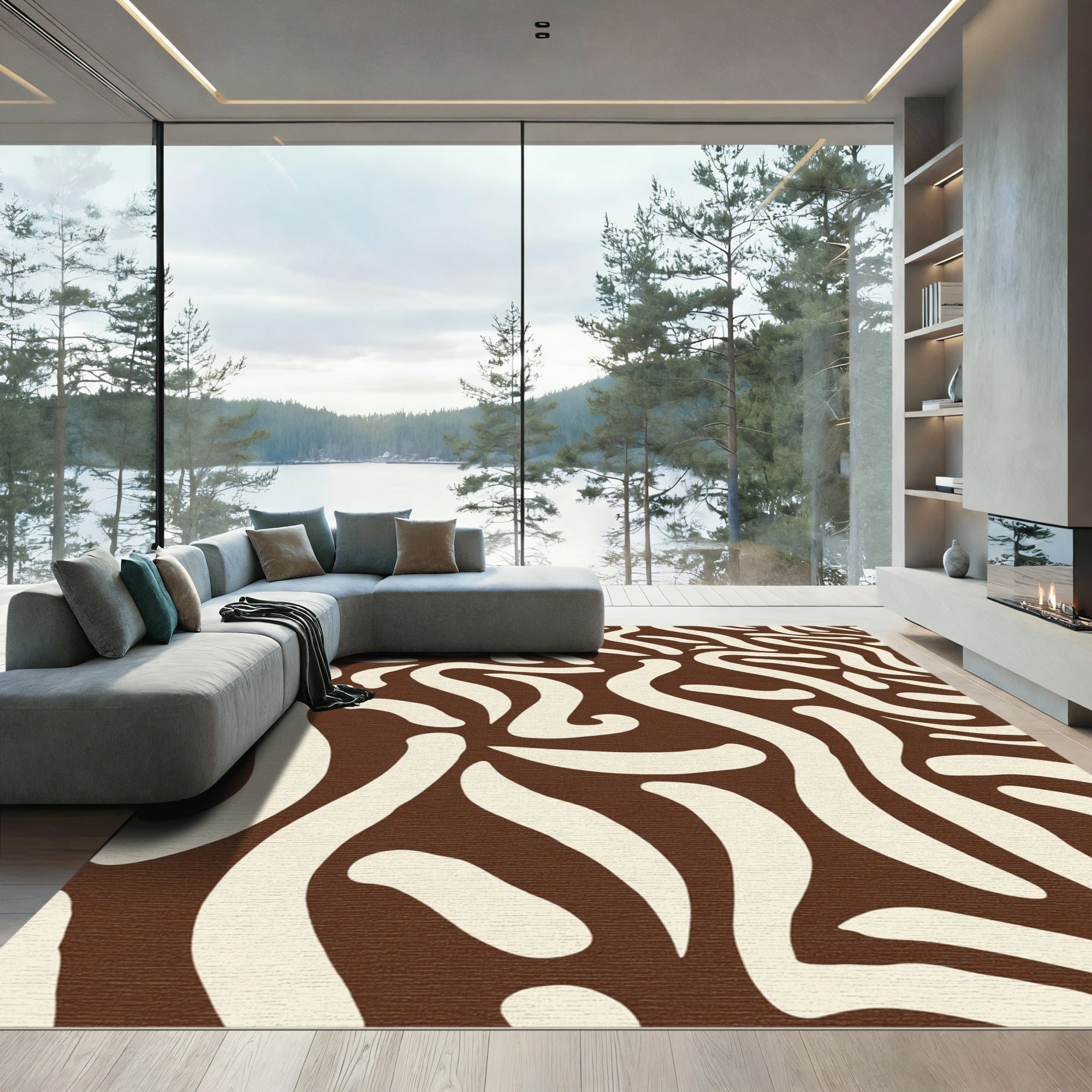 Brown Cream Swirling Organic Lines Rug