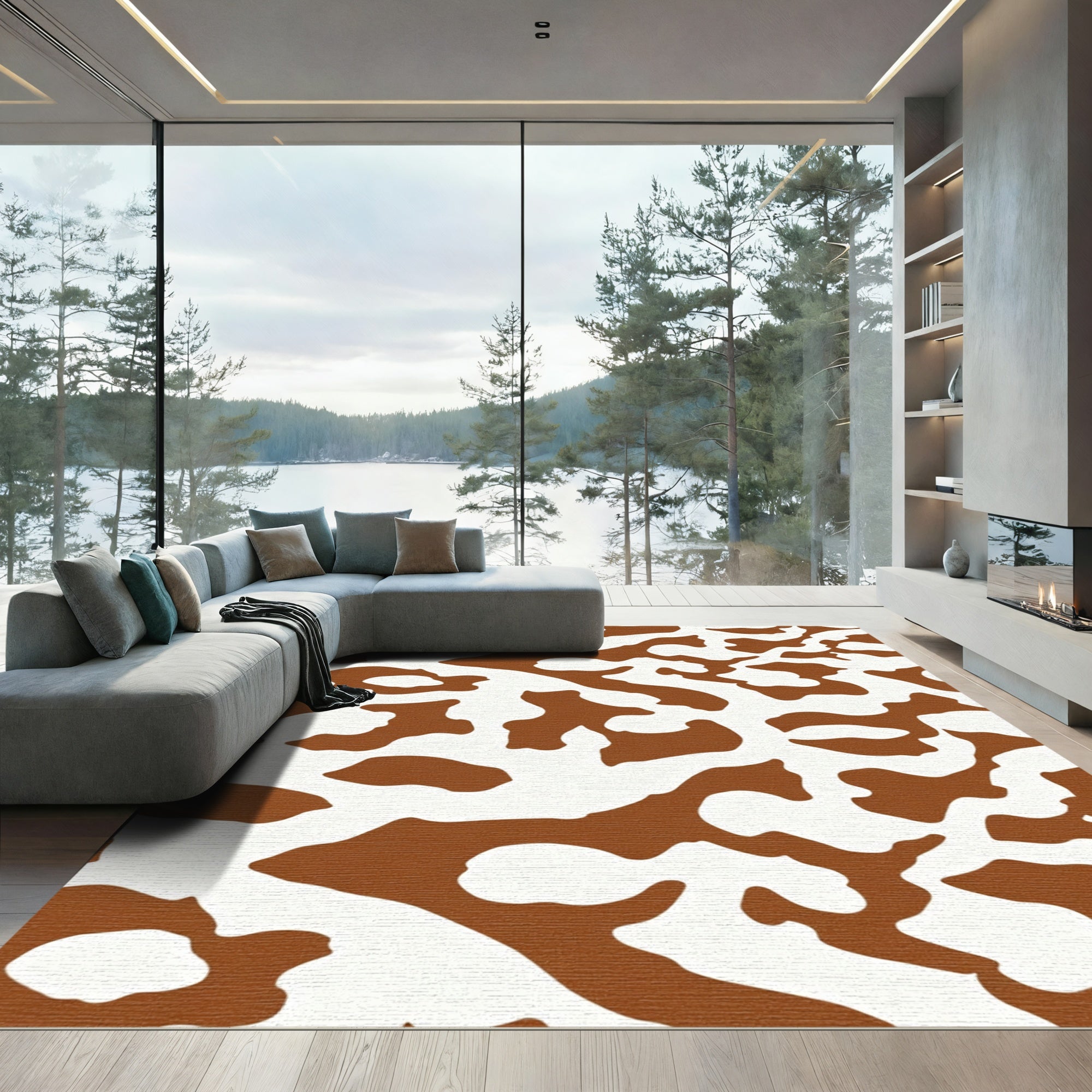 Brown White Abstract Organic Forms Rug