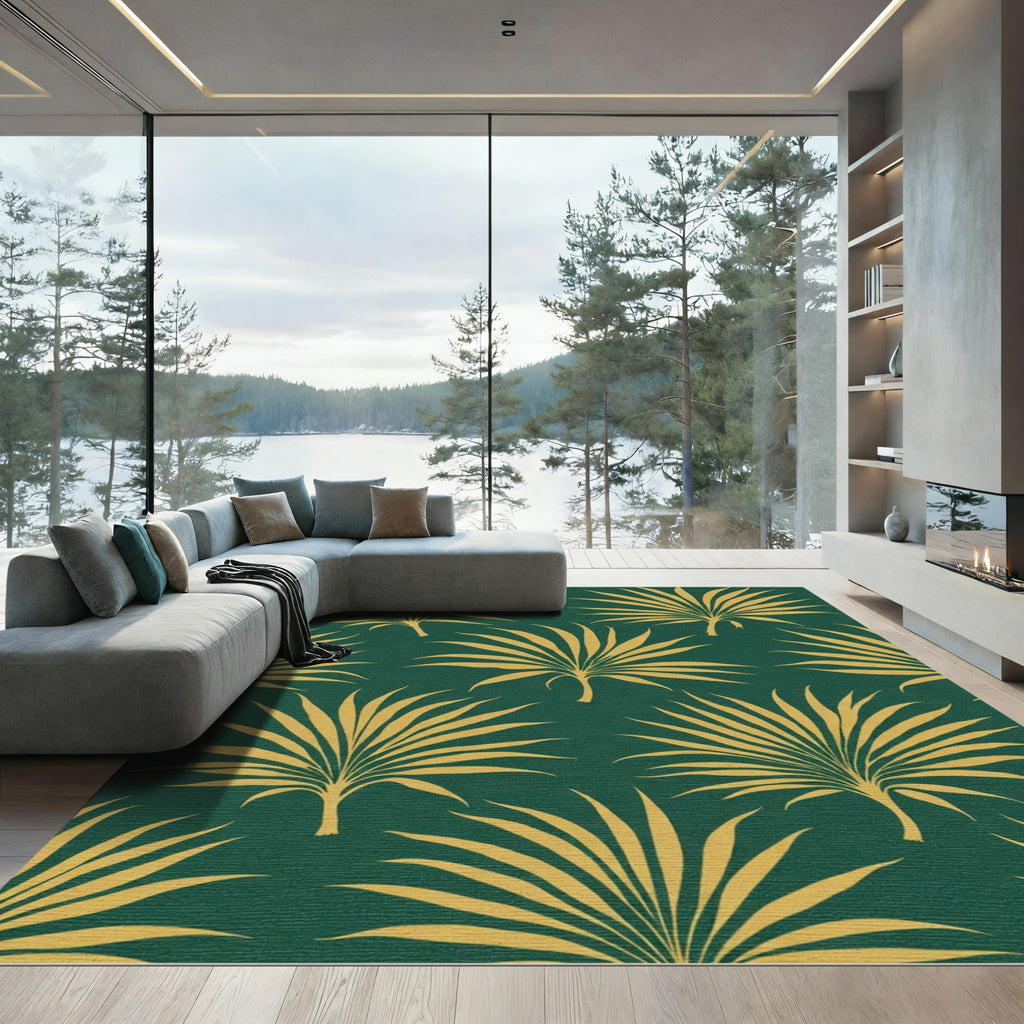 Golden Palm Frond Dark Green Rug
