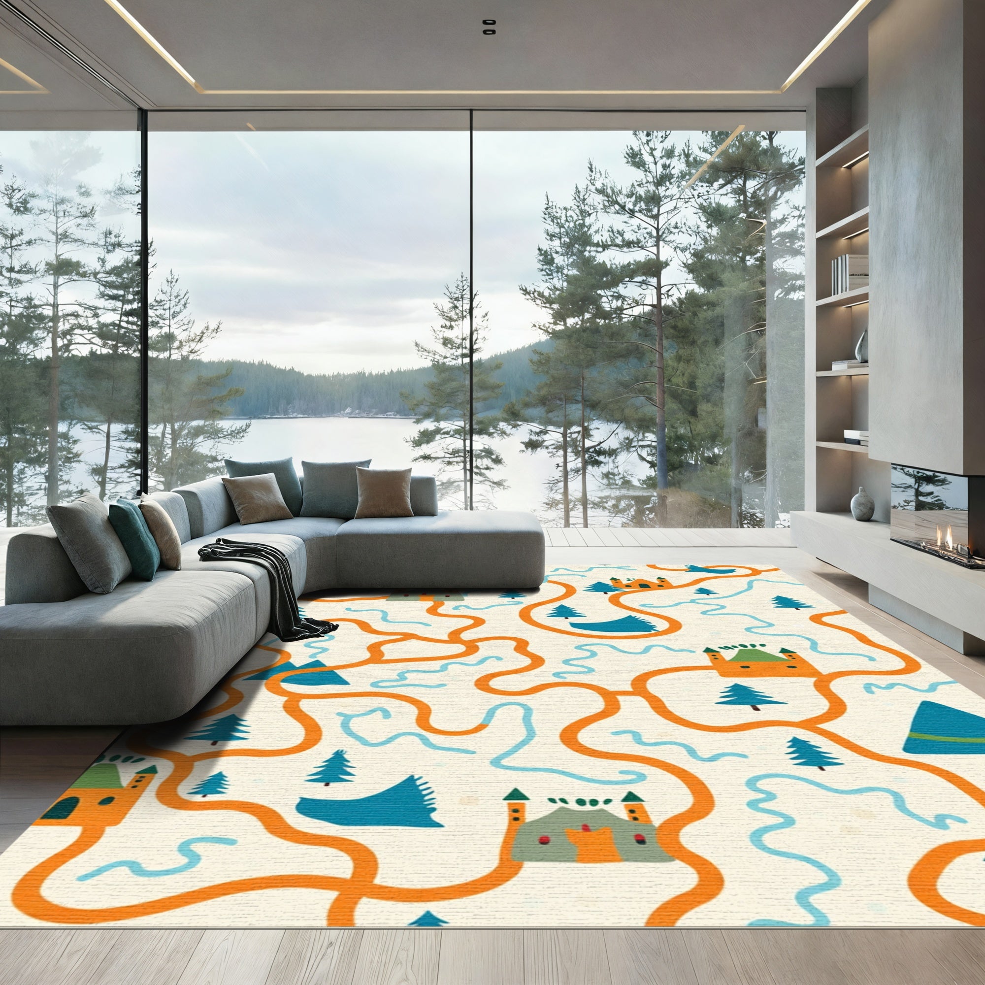 Whimsical Orange Trail Castle Forest Rug