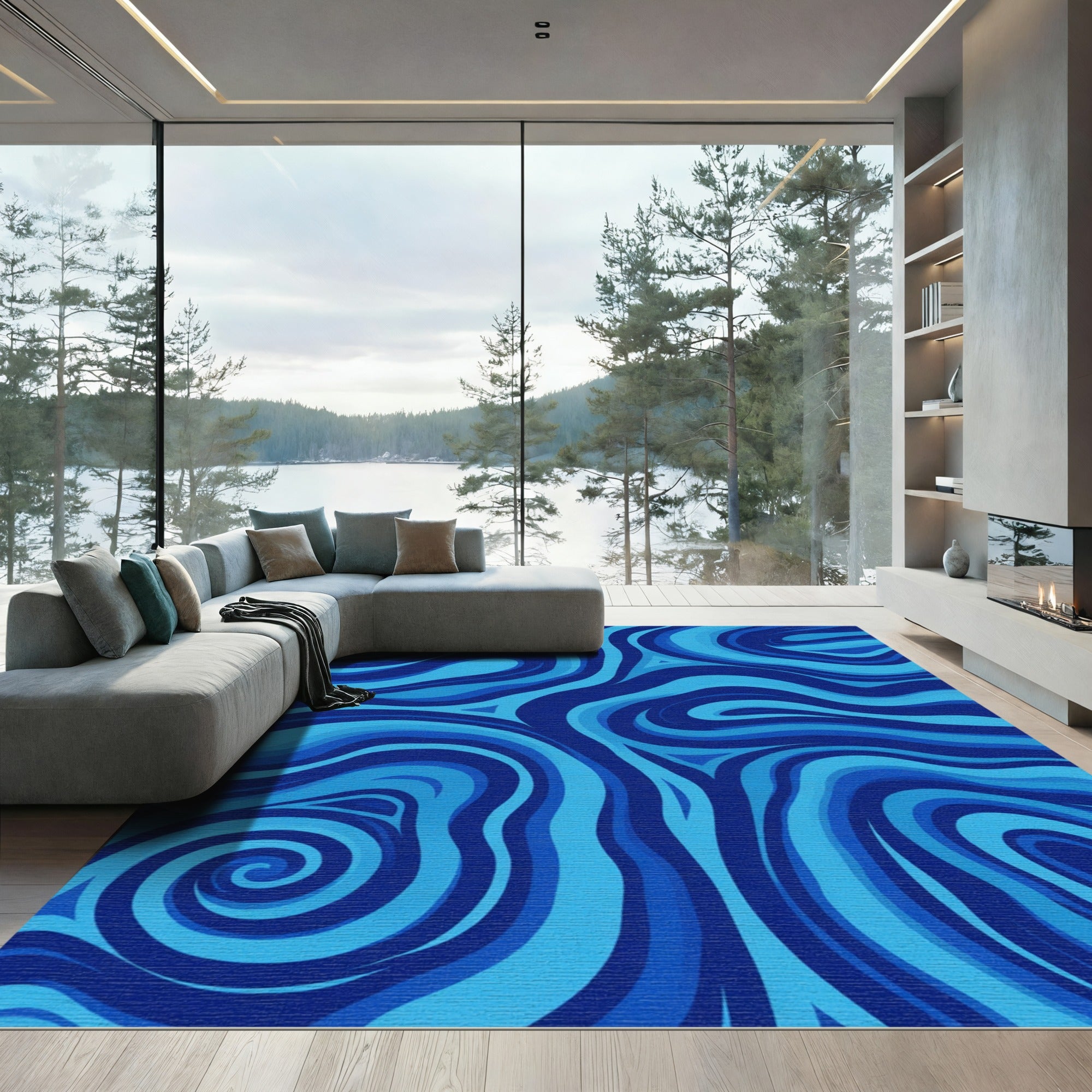 Deep Blue Swirling Abstract Waves Rug