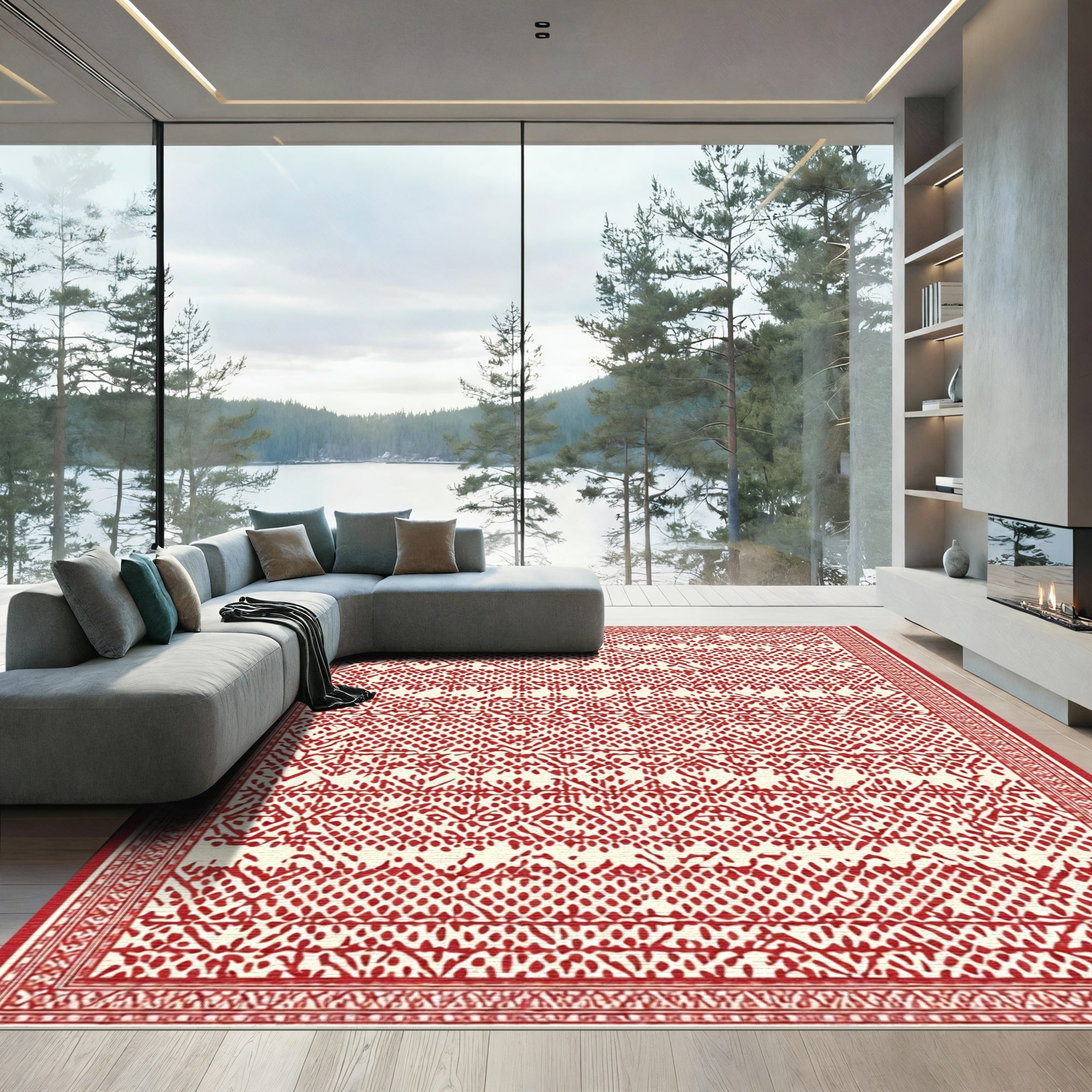 Crimson White Intricate Diamond Border Rug