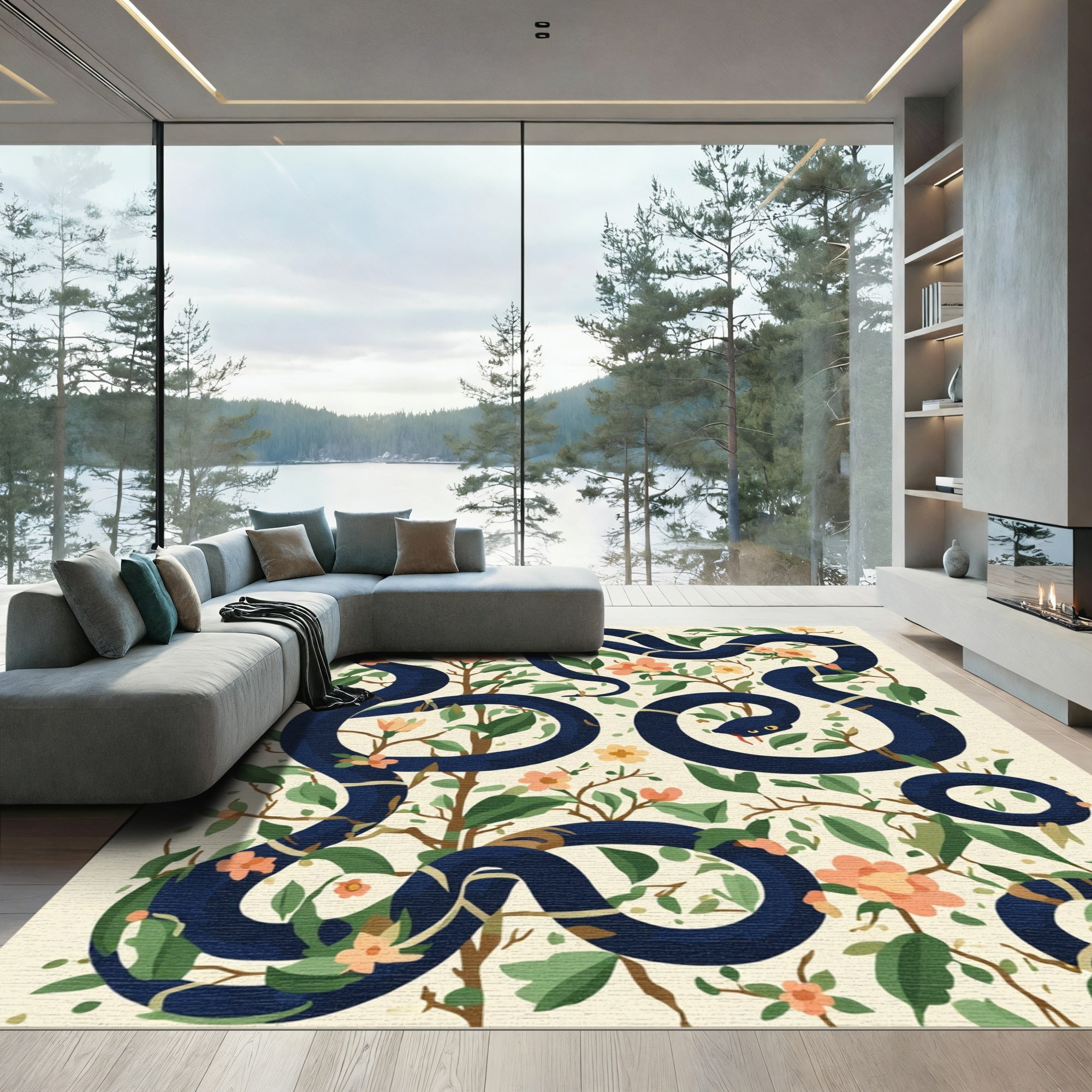 Dark Serpent Floral Branch Arrangement Rug