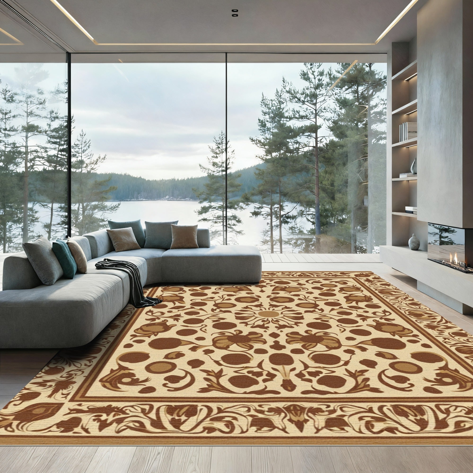 Earthy Tone Floral Medallion Border Rug