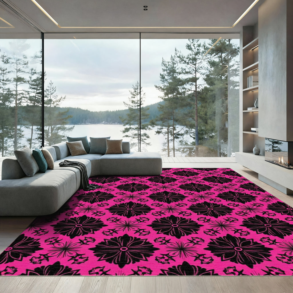 Bold Pink Black Floral medallion Rug