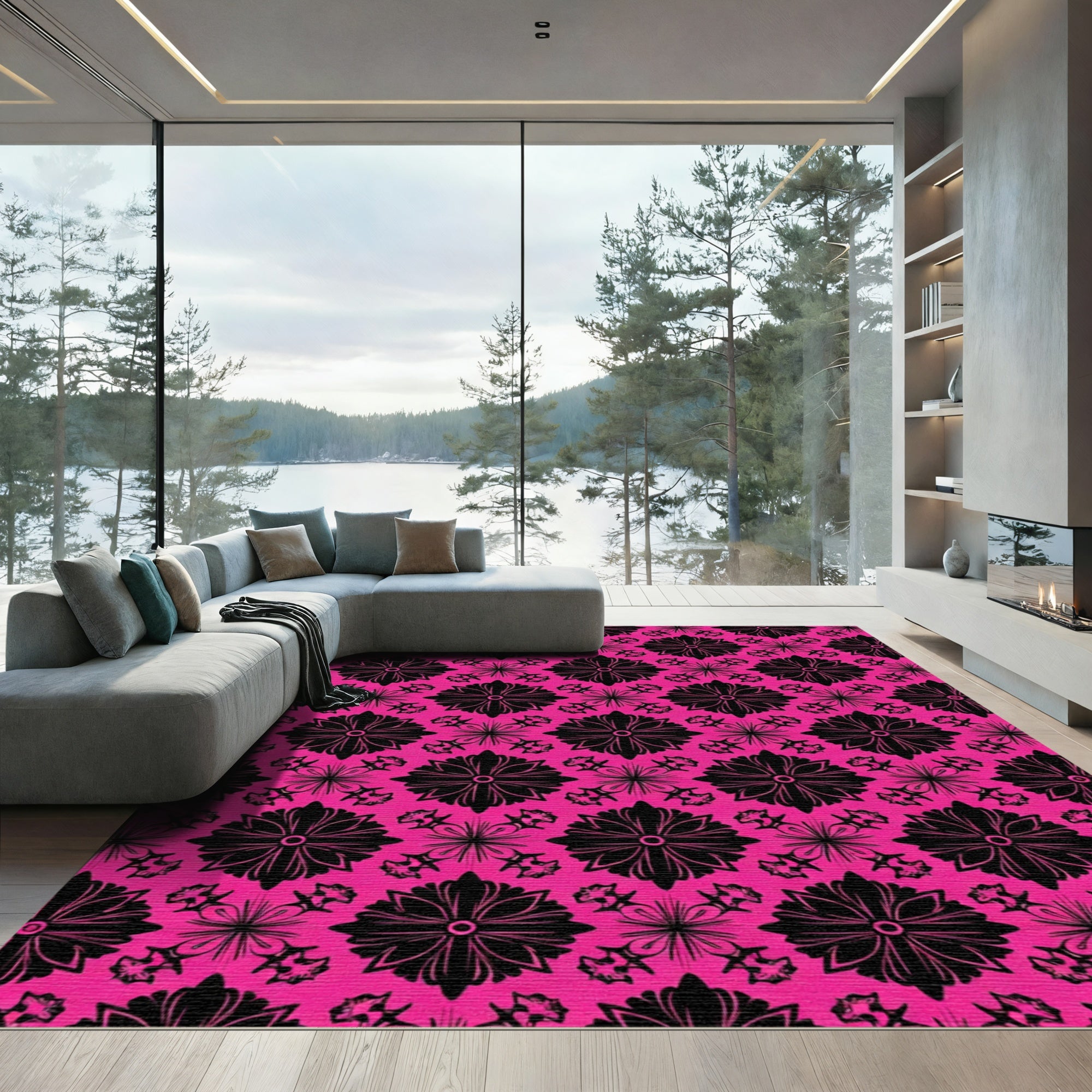 Bold Pink Black Floral medallion Rug