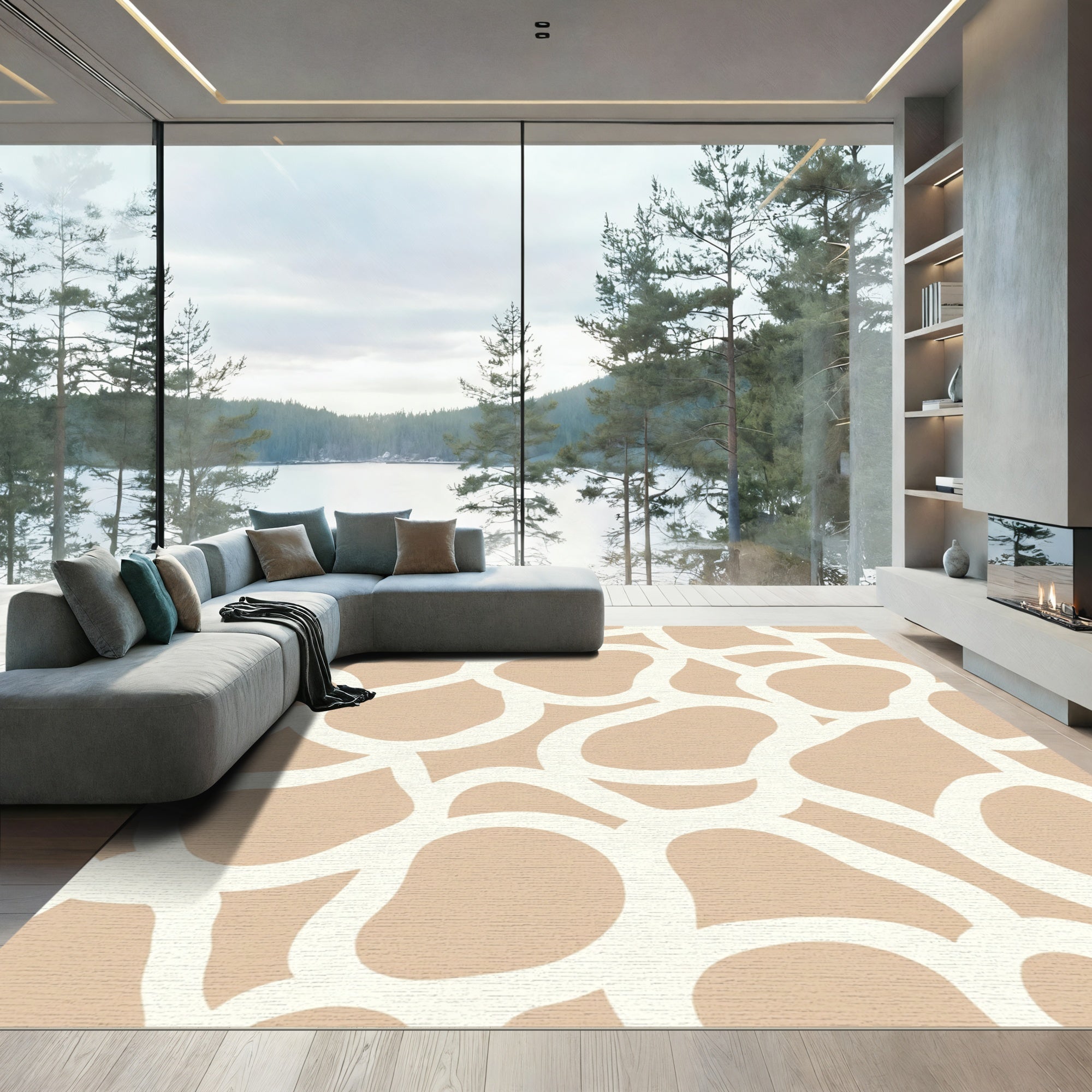 Neutral Tan White Abstract Spots Rug