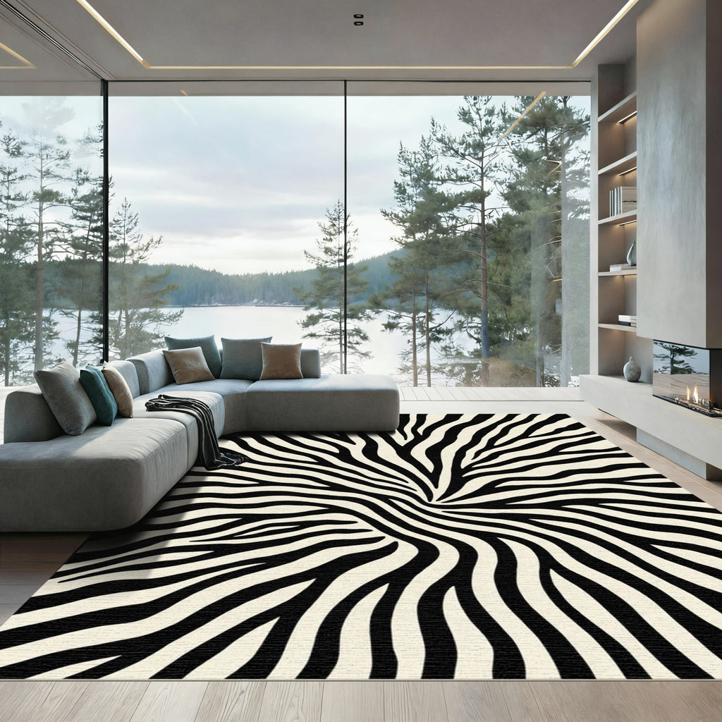 Black White Zebra Stripe Whirl Rug
