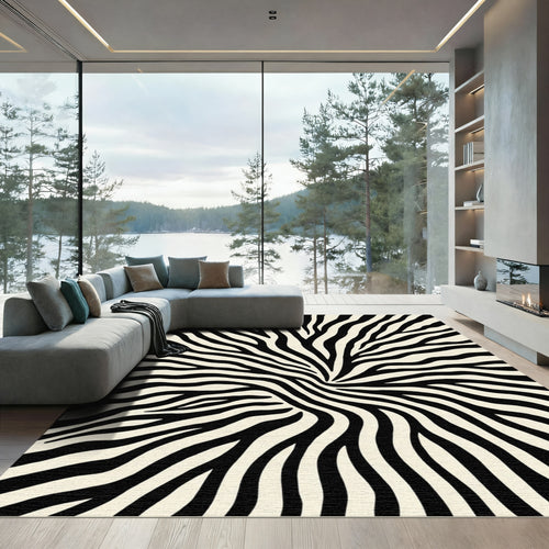 Black White Zebra Stripe Whirl Rug