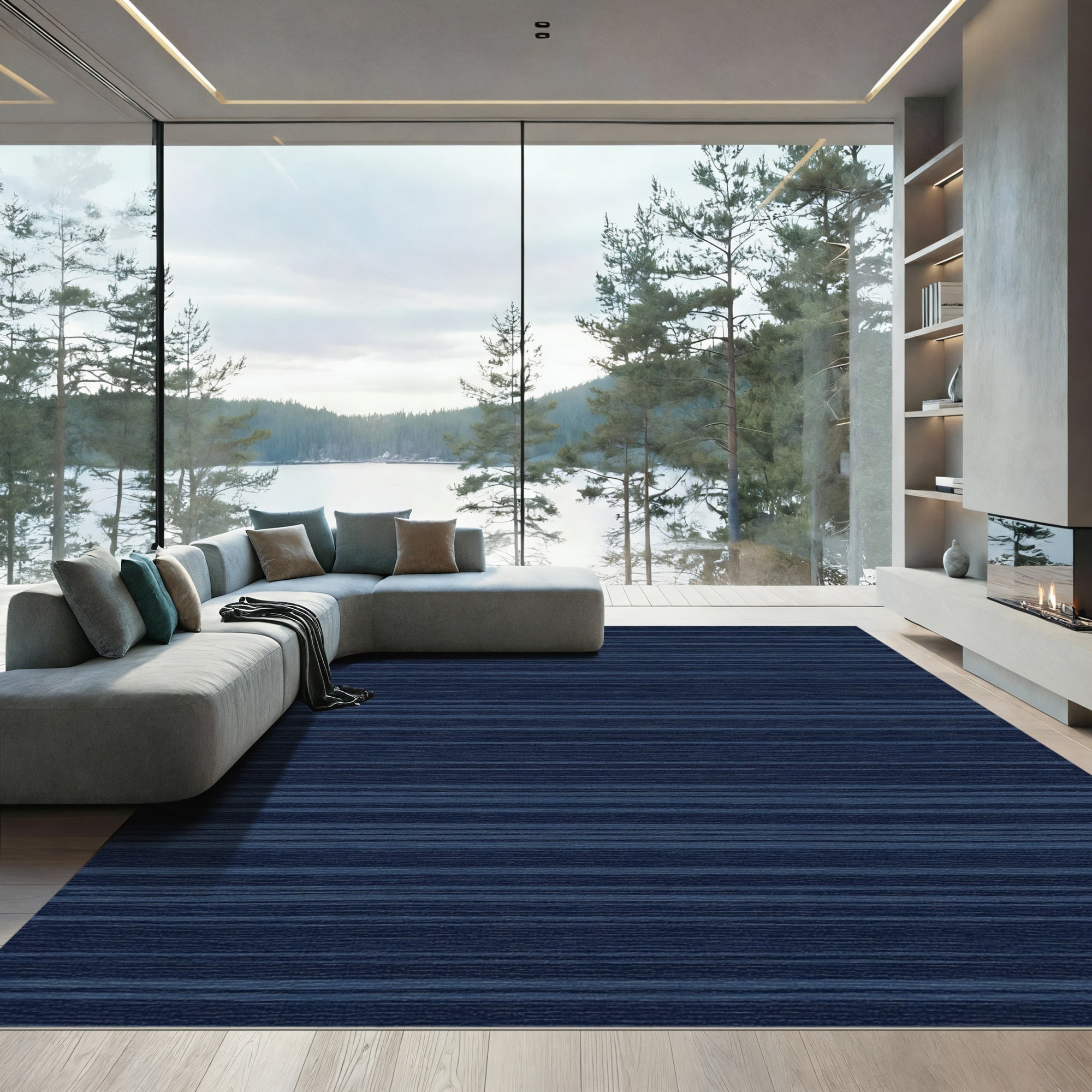 Midnight Blue Textured Stripe Rug