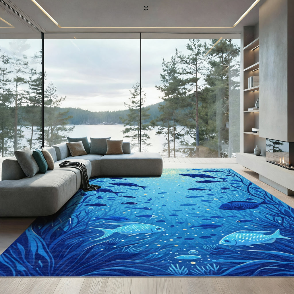Deep Blue Oceanic Fish shoal Rug