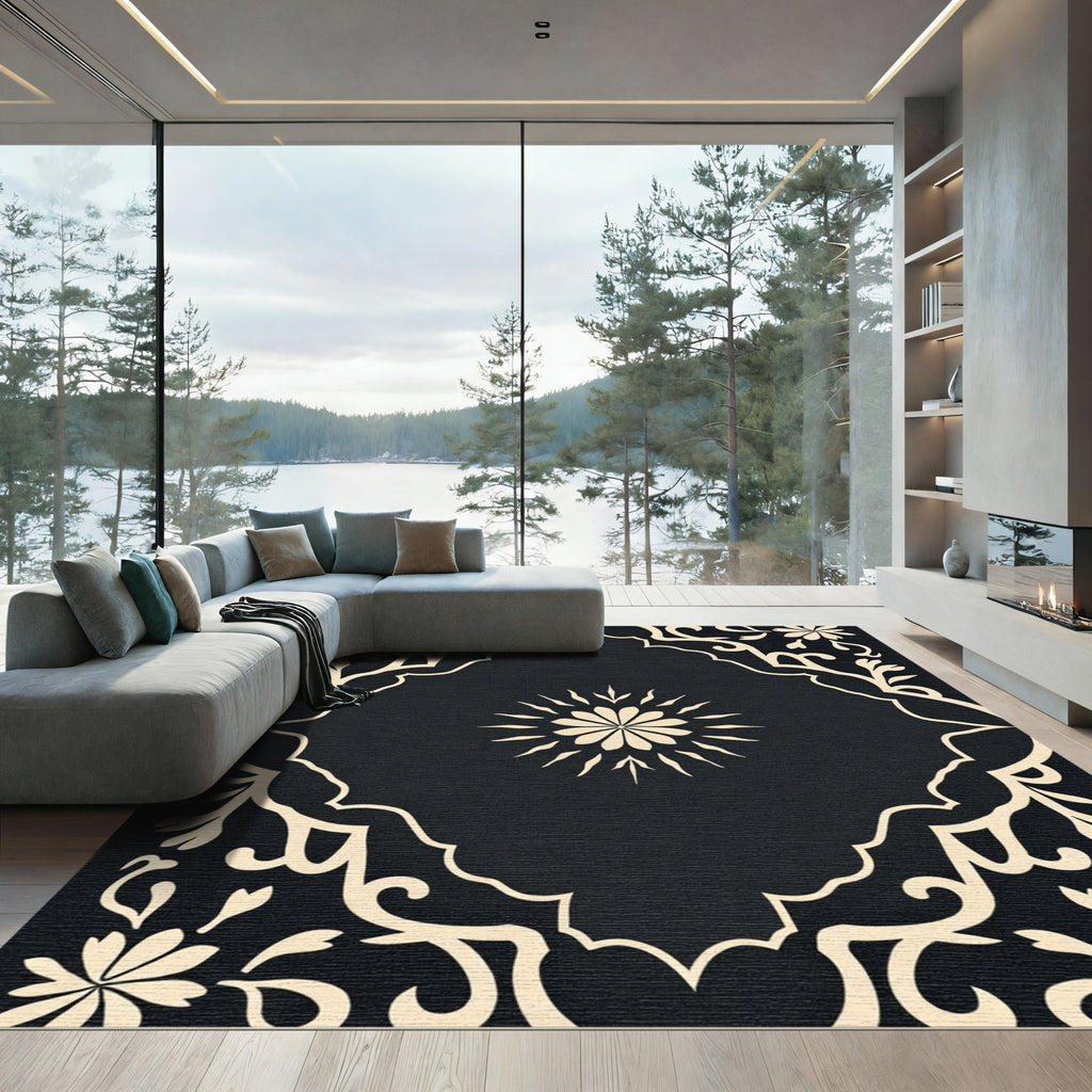 Black And Cream Floral Medallion Rug