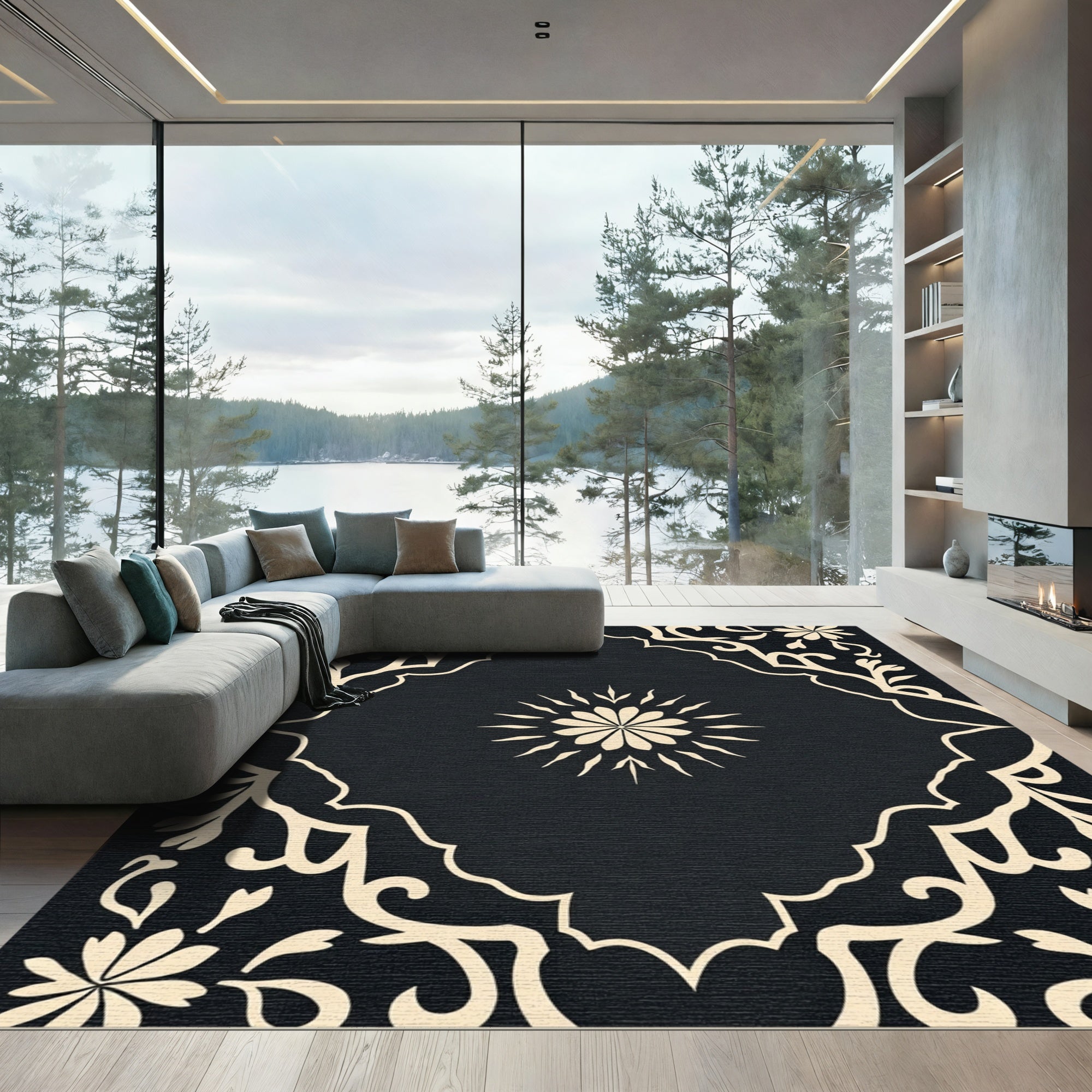 Black And Cream Floral Medallion Rug