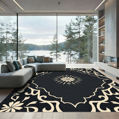 Black And Cream Floral Medallion Rug