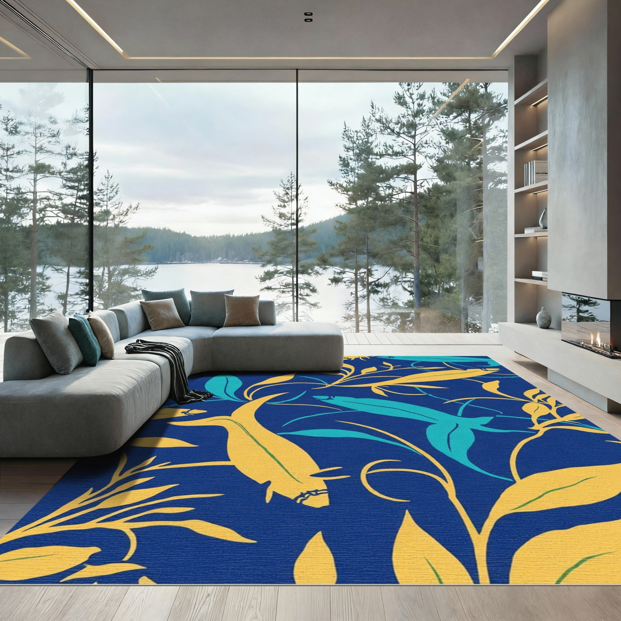 Blue yellow teal koi foliage Rug