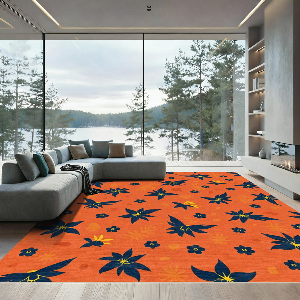 Vibrant Orange Dark Blue Floral Collage Rug