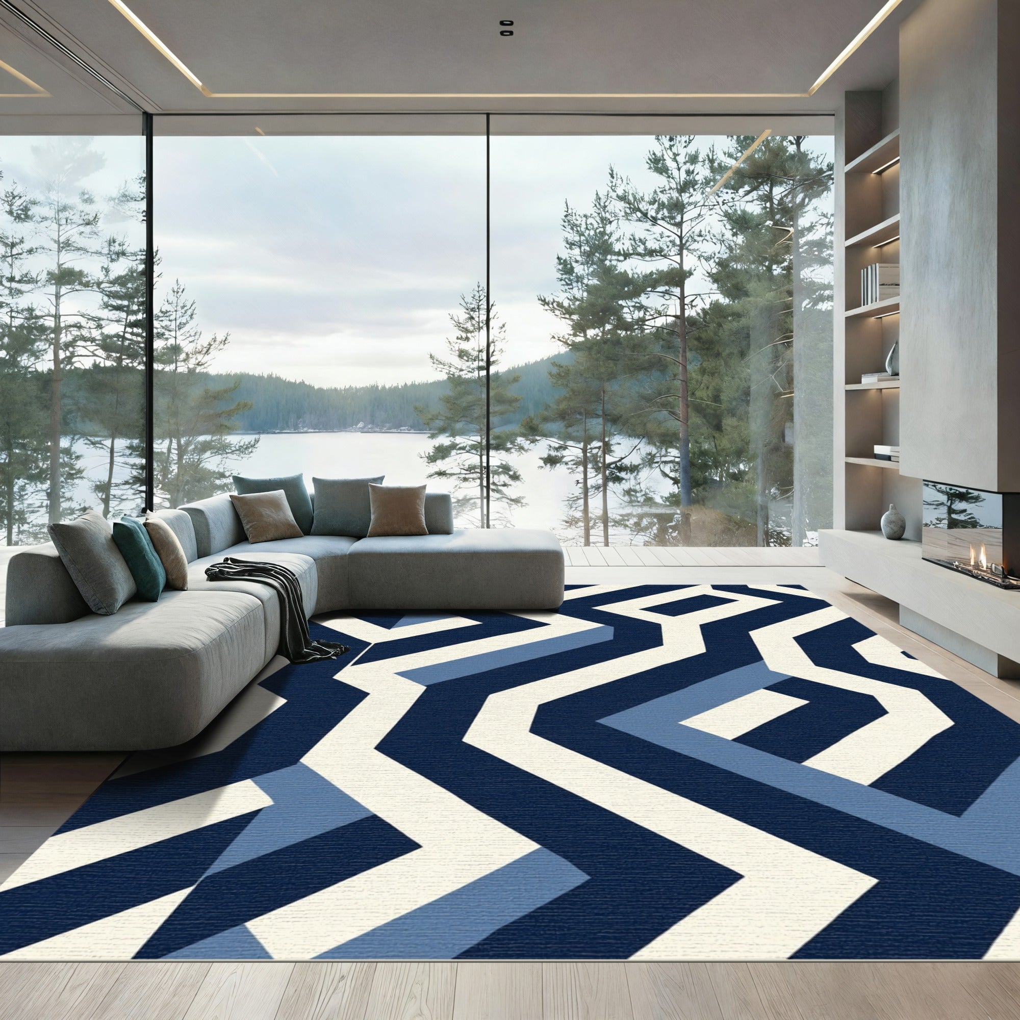 Navy Blue Geometric Maze Rug