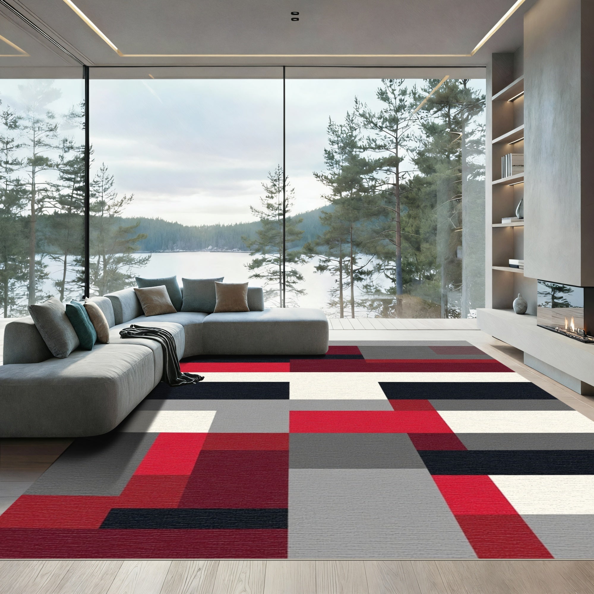 Bold Red Black Geometric Block Rug